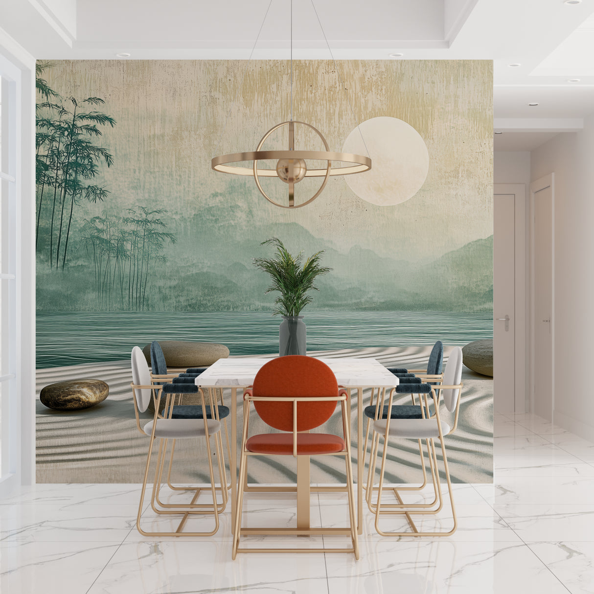 Japanese landscape mural enhancing spa-like bathroom atmosphere