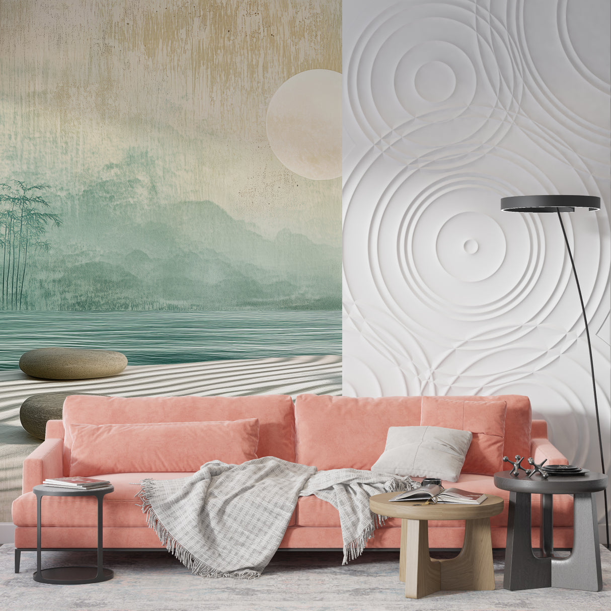 Zen bamboo wallpaper creating calm home office environment
