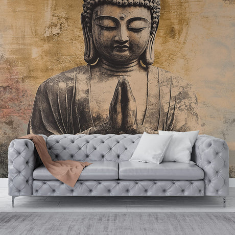 Japanese Buddha wallpaper creating serene atmosphere in modern minimalist living room with natural light