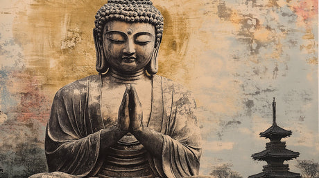 Zen Buddha and pagoda design file showing intricate details and golden-beige color palette