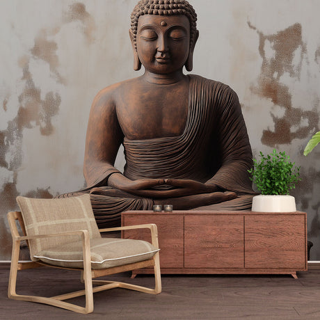 Japanese Buddha wall mural creating a peaceful meditation corner in a modern living room with natural light