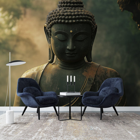 Japanese Buddha wallpaper mural creating a peaceful meditation corner in a modern living room with natural light