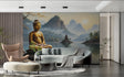 Zen Buddha wallpaper creating serenity in modern living room with minimal furniture