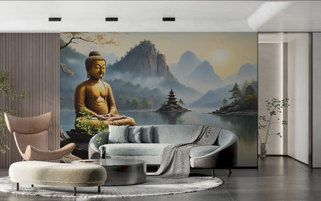 Zen Buddha wallpaper creating serenity in modern living room with minimal furniture