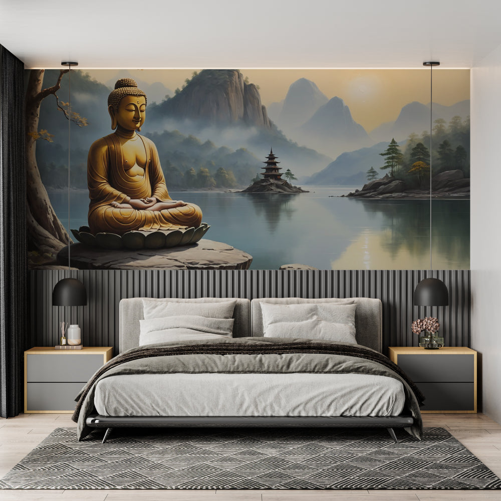 Japanese meditation room with Buddha mountain lake wallpaper and floor cushions