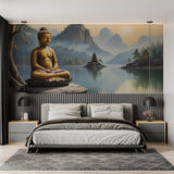 Japanese meditation room with Buddha mountain lake wallpaper and floor cushions