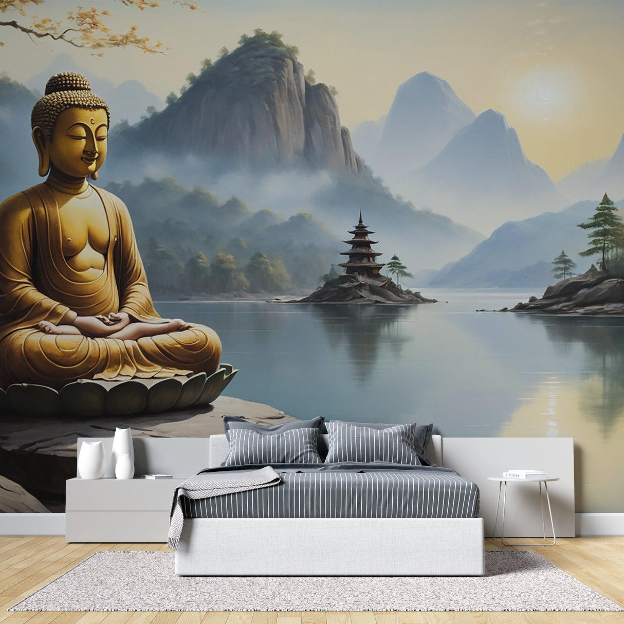 Peaceful bedroom featuring zen Buddha wallpaper with soft morning light