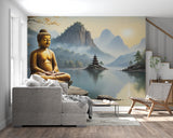 Spa reception area showcasing zen mountain lake wallpaper design