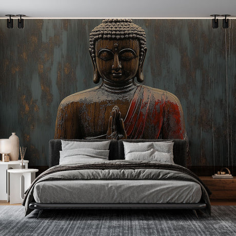 Japanese Buddha wallpaper creating a peaceful meditation space in a modern living room with natural light