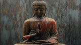 Zen Buddha wallpaper design file showing detailed wooden texture and sage green background