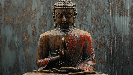 Zen Buddha wallpaper design file showing detailed wooden texture and sage green background