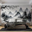 Japanese mountain lake wallpaper creates a peaceful atmosphere in a modern living room, showing the mural's soft misty details