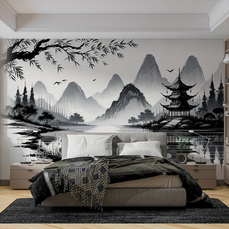 Japanese mountain lake wallpaper creates a peaceful atmosphere in a modern living room, showing the mural's soft misty details