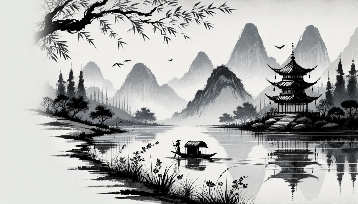 Japanese zen mountain lake design file showing detailed ink painting style landscape with pagoda and misty peaks