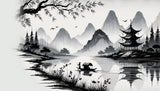 Japanese zen mountain lake design file showing detailed ink painting style landscape with pagoda and misty peaks