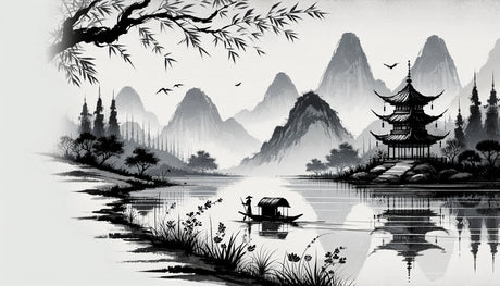 Japanese zen mountain lake design file showing detailed ink painting style landscape with pagoda and misty peaks