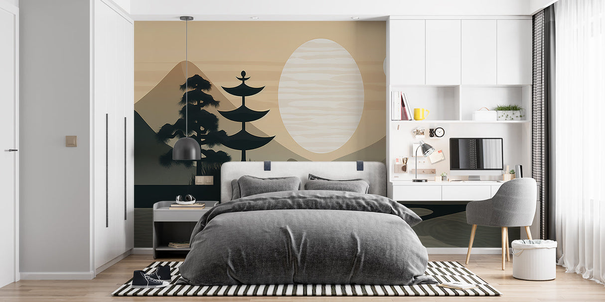 Japanese zen mountain wallpaper in modern minimalist living room creating serene atmosphere