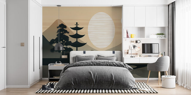 Japanese zen mountain wallpaper in modern minimalist living room creating serene atmosphere