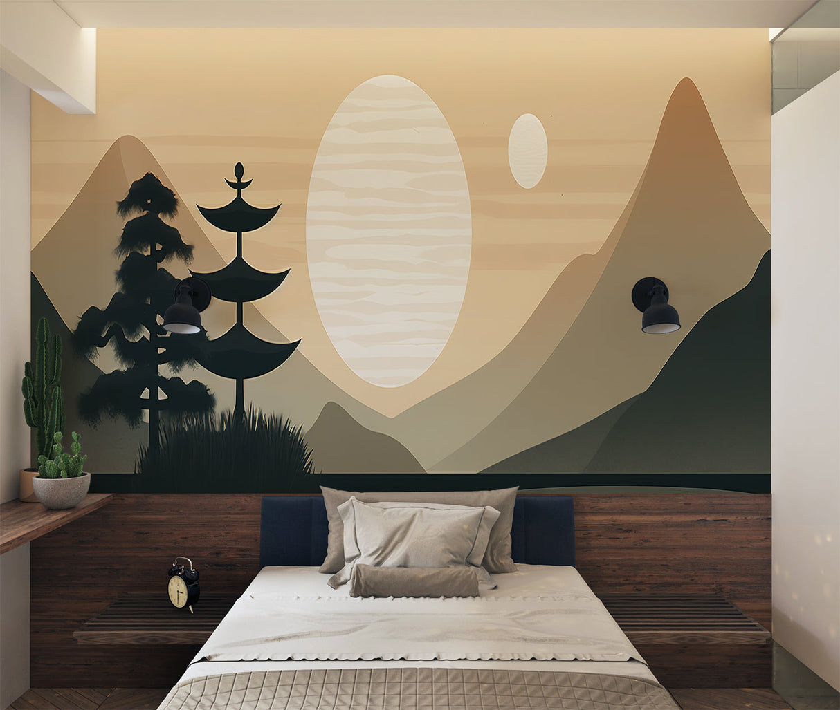 Zen mountain mural wallpaper in meditation room with soft lighting