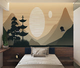 Zen mountain mural wallpaper in meditation room with soft lighting