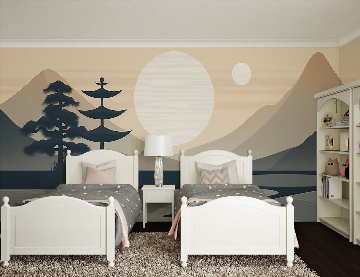 Asian mountain mural in contemporary dining room setting