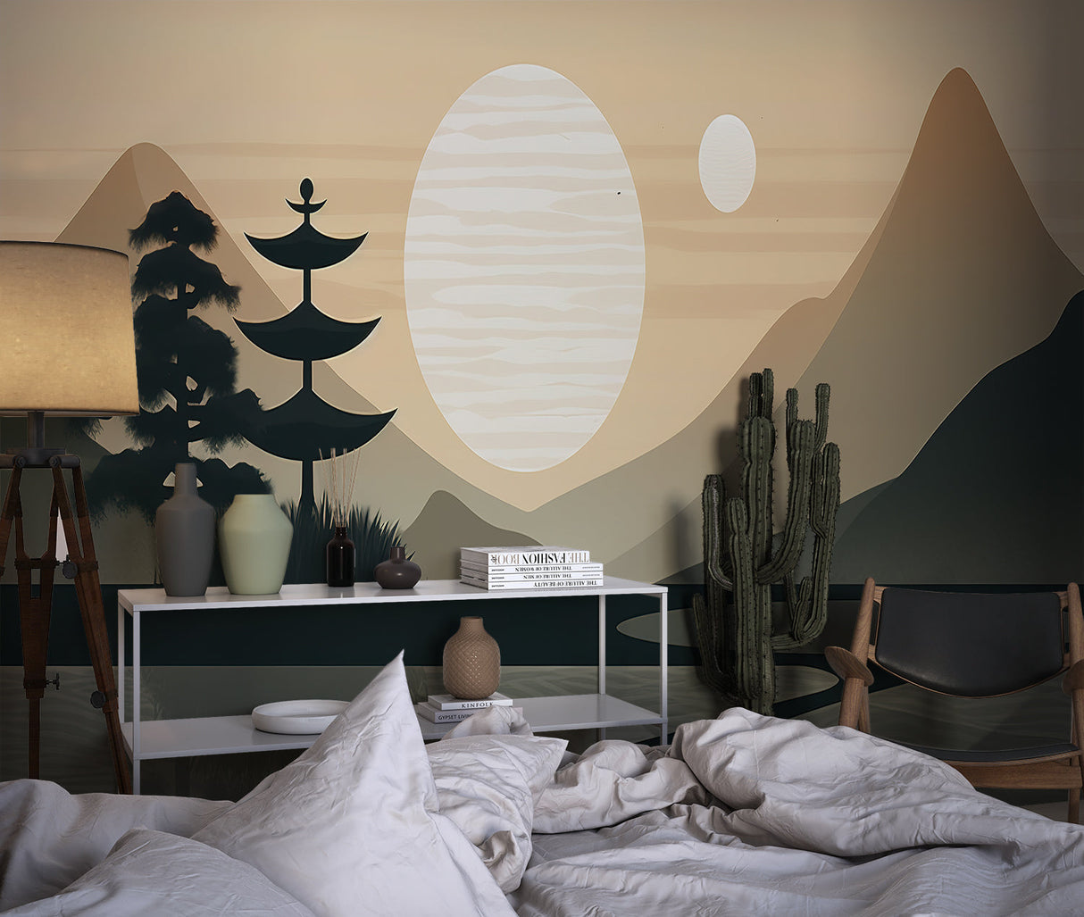 Minimalist Japanese wallpaper in yoga studio creating peaceful ambiance