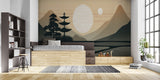 Zen mountain landscape wallpaper in office space for focus and tranquility