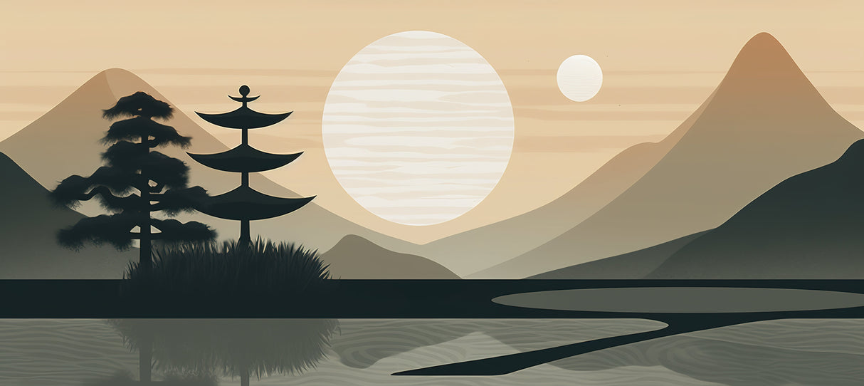 Japanese zen mountain landscape design file showing pine tree silhouette and moon details