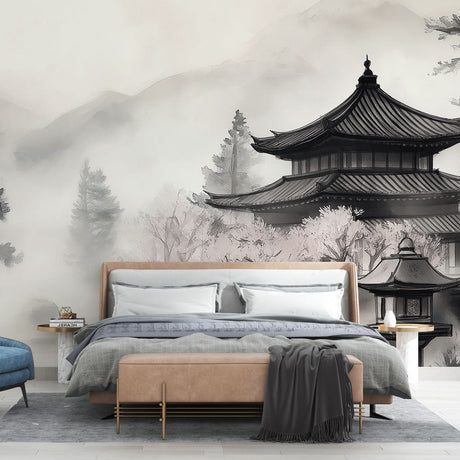 Japanese temple wallpaper creating a serene atmosphere in a minimalist living room with natural light highlighting cherry blossoms