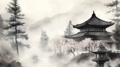 Japanese temple wallpaper design file with misty pagoda and cherry blossoms pattern