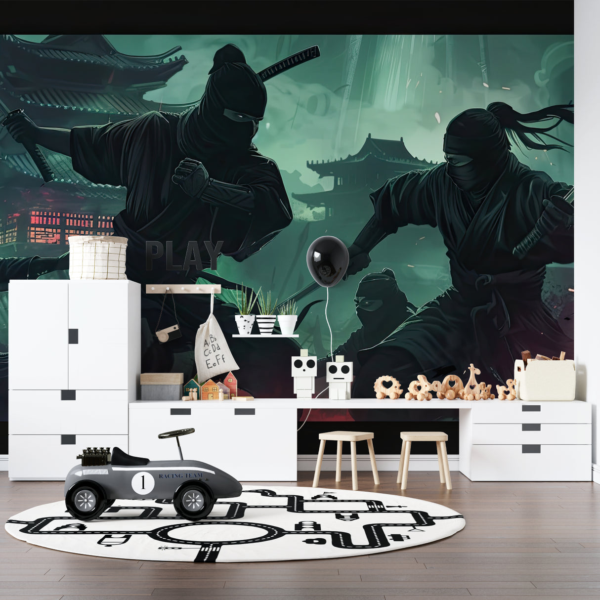 Ninja battle scene mural in teen bedroom with gaming setup