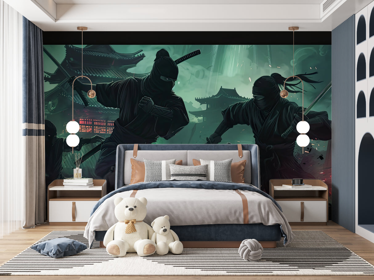 Warrior wallpaper creating atmosphere in modern entertainment room