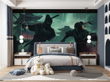 Warrior wallpaper creating atmosphere in modern entertainment room