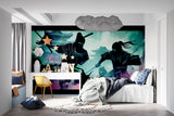 Night combat scene mural bringing energy to gaming lounge