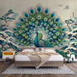 Japanese Peacock Wallpaper creating a peaceful atmosphere in a modern living room with minimalist furniture