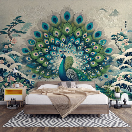 Japanese Peacock Wallpaper creating a peaceful atmosphere in a modern living room with minimalist furniture