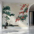 Japanese pine tree wallpaper with cherry blossoms creating calm in a modern living room