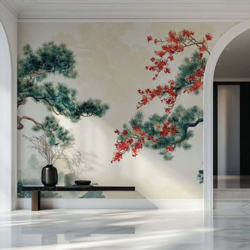 Japanese pine tree wallpaper with cherry blossoms creating calm in a modern living room