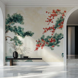 Japanese pine tree wallpaper with cherry blossoms creating calm in a modern living room