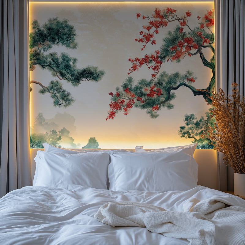 Cherry blossom and pine wall mural adding serenity to a bedroom space