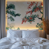 Cherry blossom and pine wall mural adding serenity to a bedroom space