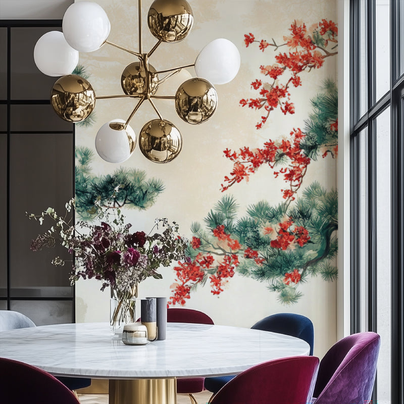 Oriental pine wallpaper transforming a dining room with Japanese garden style