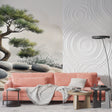 Japanese pine tree wallpaper creating serene atmosphere in modern living room with minimalist furniture