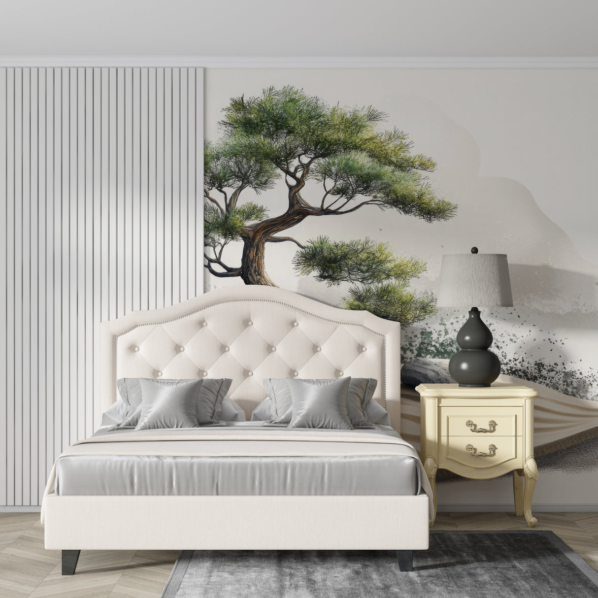 Zen garden wallpaper adding calm to meditation room with natural light