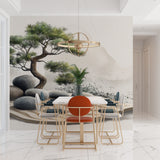 Pine tree mural wallpaper in master bedroom showing peaceful garden scene