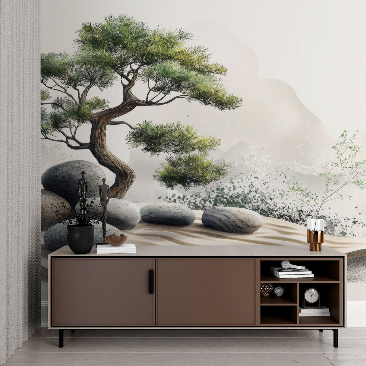 Japanese garden wall mural bringing nature into home office space