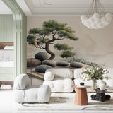 Zen inspired wallpaper creating focus wall in yoga studio setting