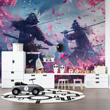 Japanese Samurai wallpaper creating drama in modern gaming room with LED lighting