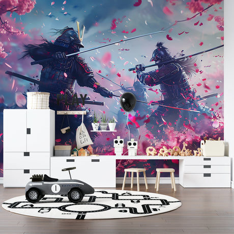 Japanese Samurai wallpaper creating drama in modern gaming room with LED lighting