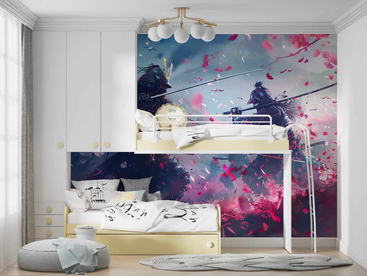 Samurai battle mural making statement in teen bedroom with dark furniture